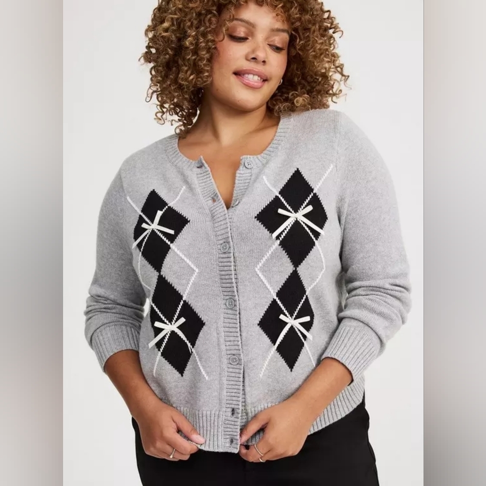 NEW NWT Torrid  Heather Gray Argyle Cardigan Sweater Sz 3X (22/24)